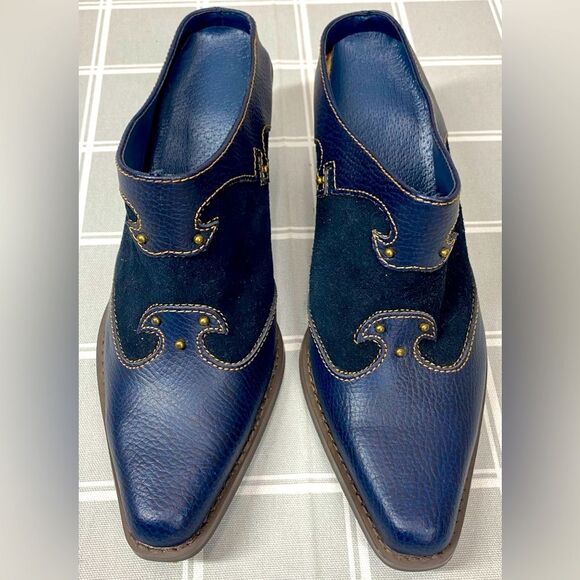 Western Blue Leather Suede Mules Boot Shoes Womens Size 7 Cowgirl Clog Booties - Picture 2 of 11